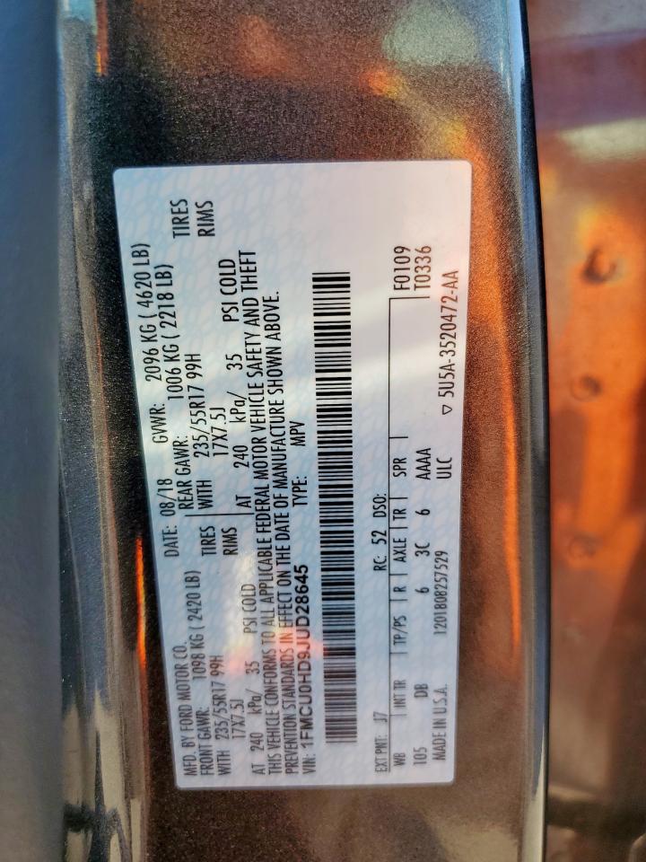 2018 Ford Escape Sel VIN: 1FMCU0HD9JUD28645 Lot: 86084225