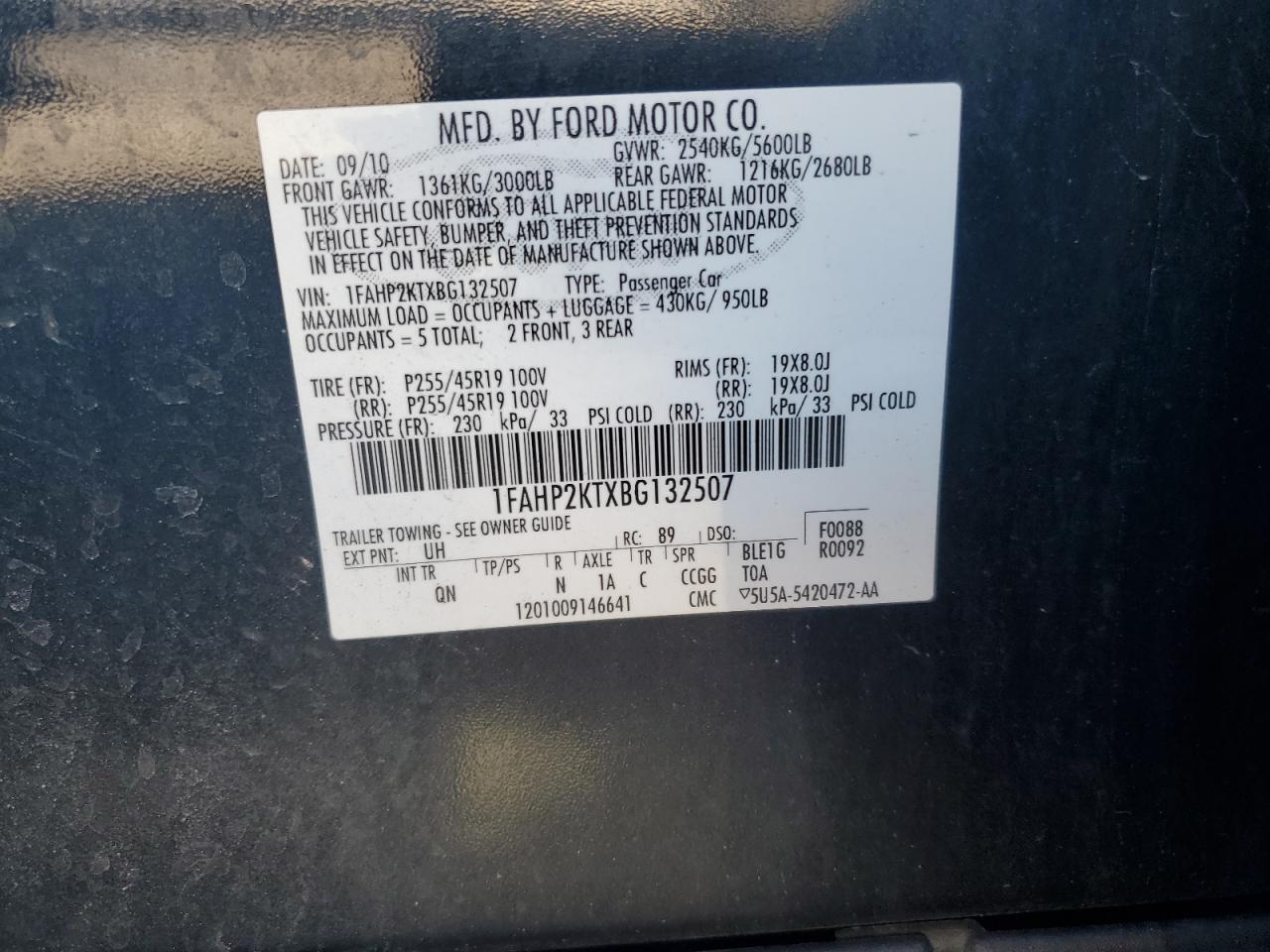 2011 Ford Taurus Sho VIN: 1FAHP2KTXBG132507 Lot: 90404145