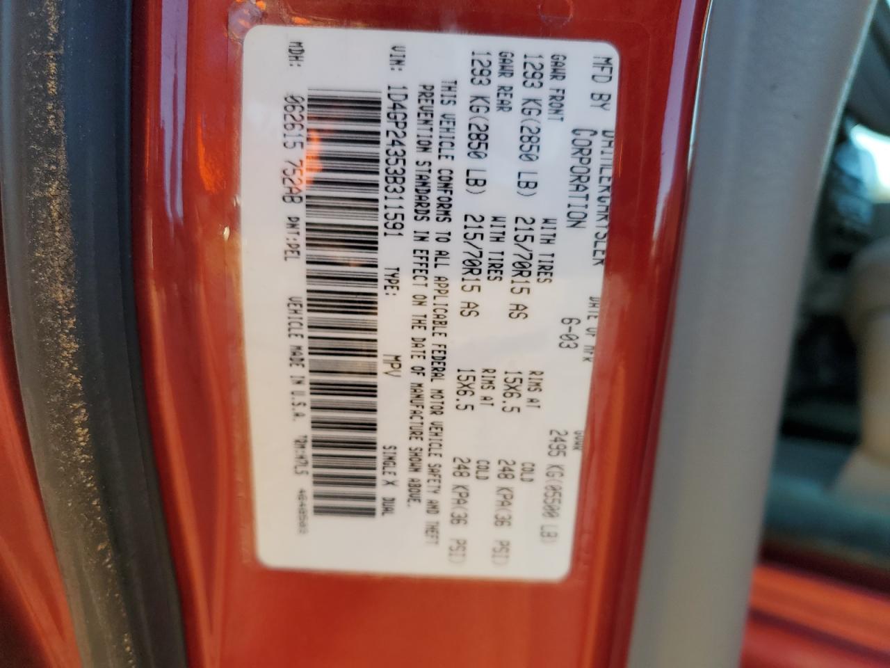 2003 Dodge Grand Caravan Se VIN: 1D4GP24353B311591 Lot: 90308245