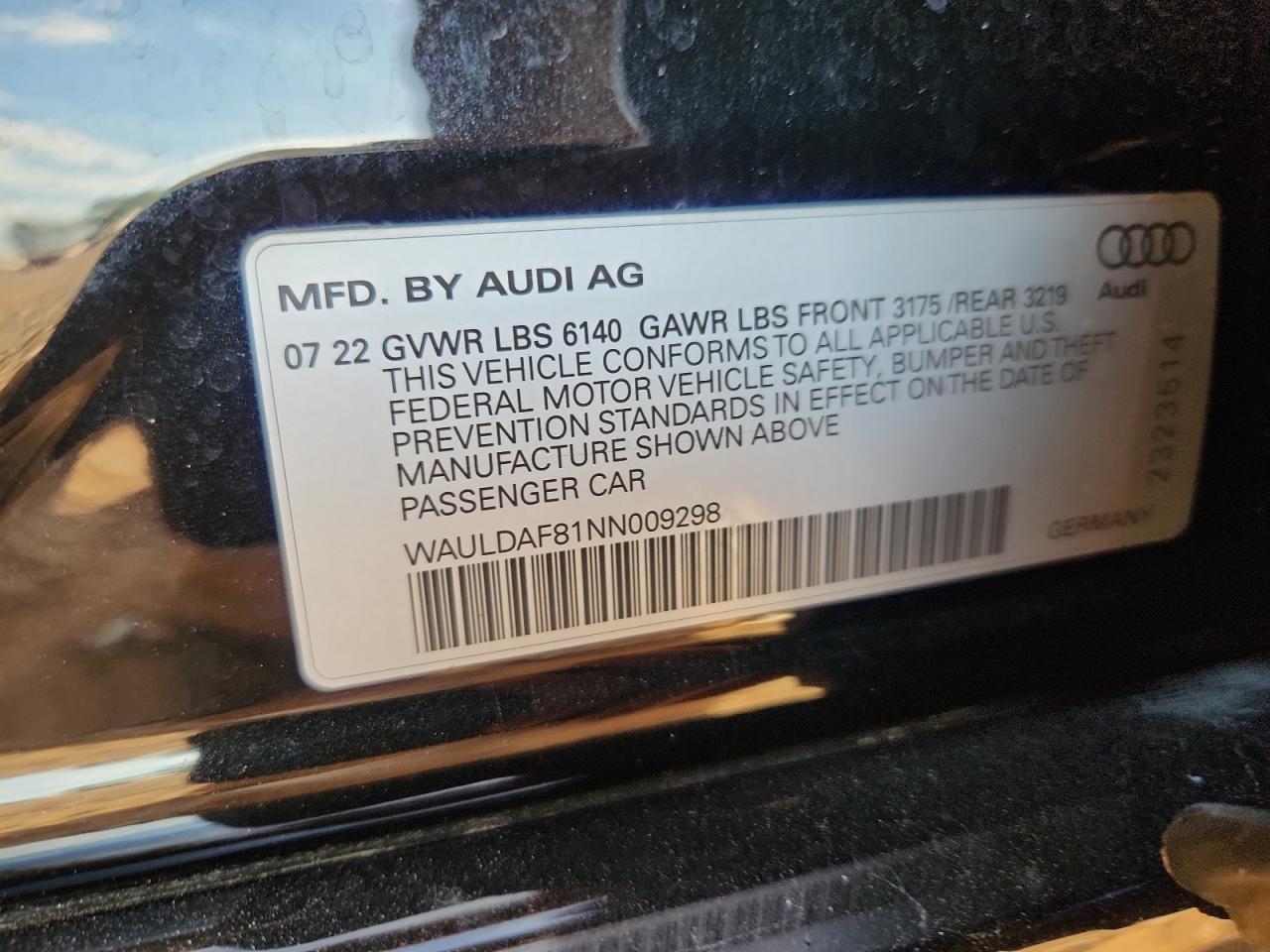 2022 Audi A8 L VIN: WAULDAF81NN009298 Lot: 85359325