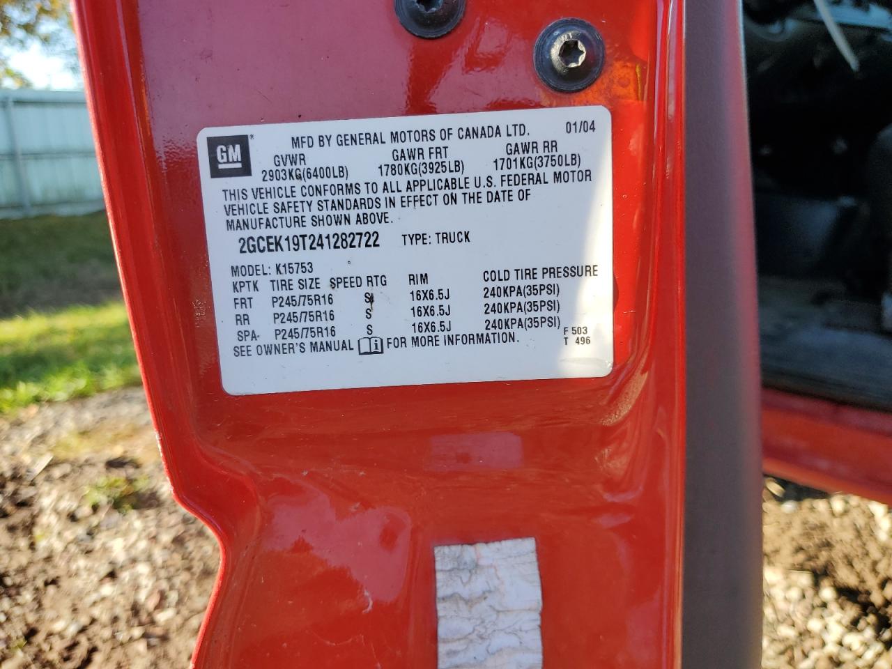 2004 Chevrolet Silverado K1500 VIN: 2GCEK19T241282722 Lot: 85262795