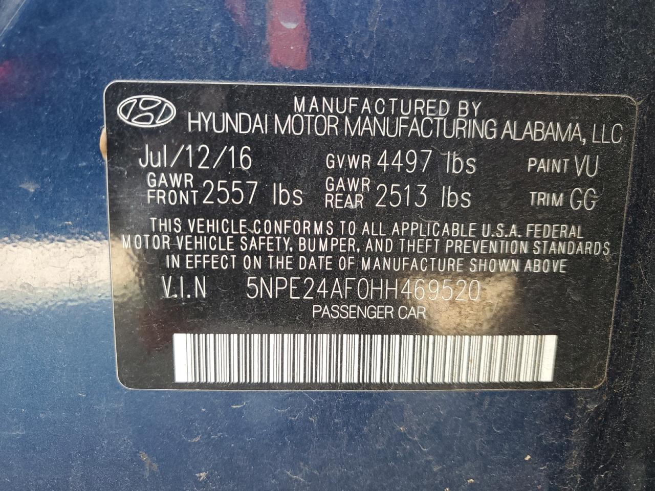 2017 Hyundai Sonata Se VIN: 5NPE24AF0HH469520 Lot: 85598105