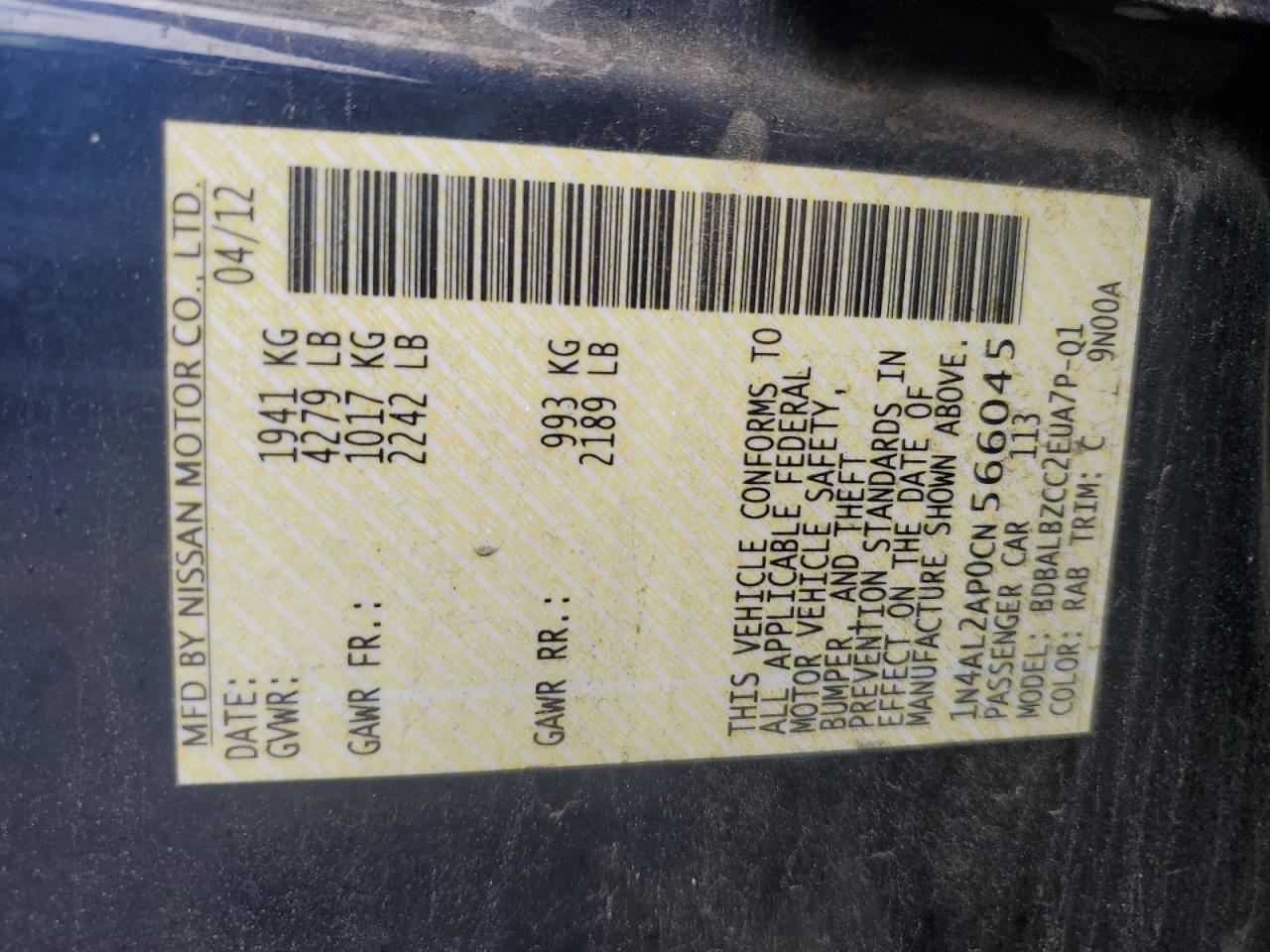 2012 Nissan Altima Base VIN: 1N4AL2AP0CN566045 Lot: 86221015