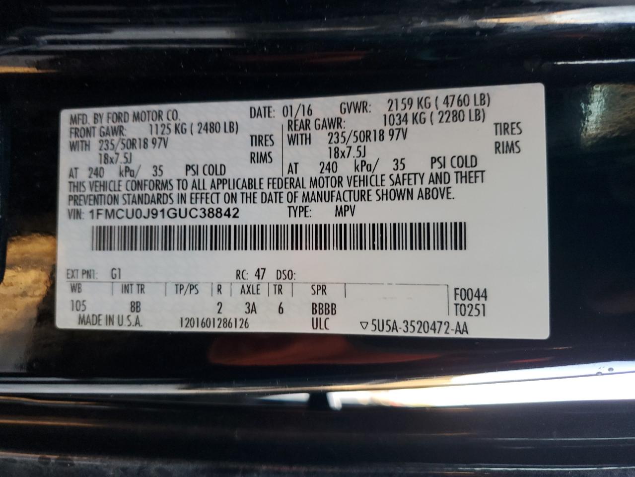 2016 Ford Escape Titanium VIN: 1FMCU0J91GUC38842 Lot: 82411775