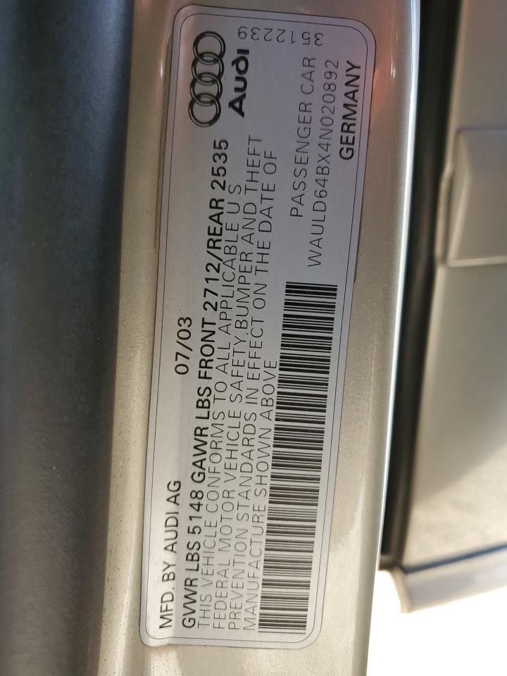 2004 Audi A6 2.7T Quattro VIN: WAULD64BX4N020892 Lot: 89605705