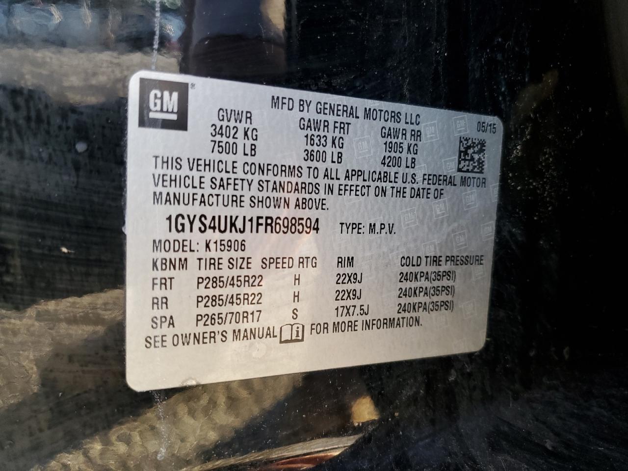 2015 Cadillac Escalade Esv Platinum VIN: 1GYS4UKJ1FR698594 Lot: 87417955