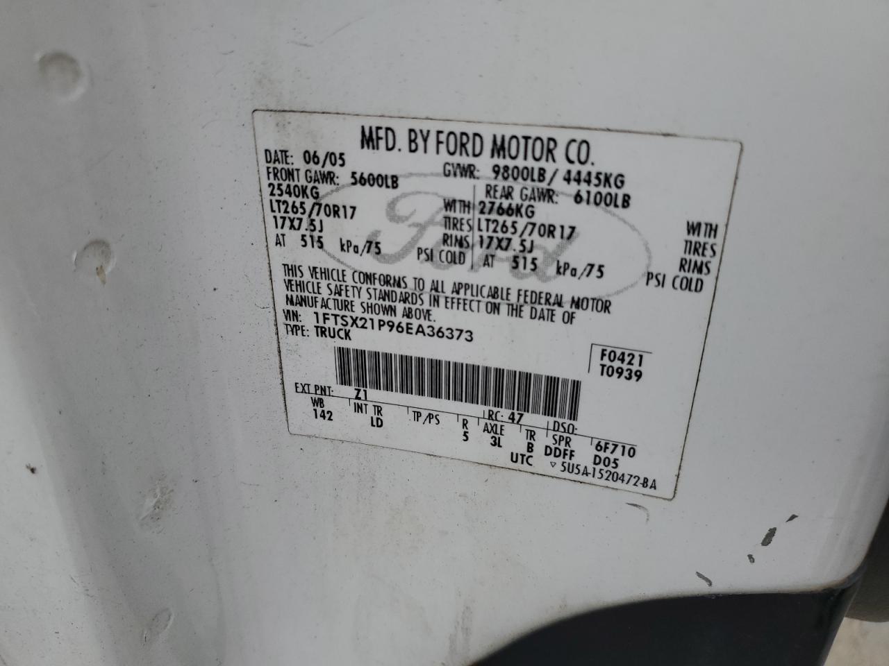 2006 Ford F250 Super Duty VIN: 1FTSX21P96EA36373 Lot: 81756865
