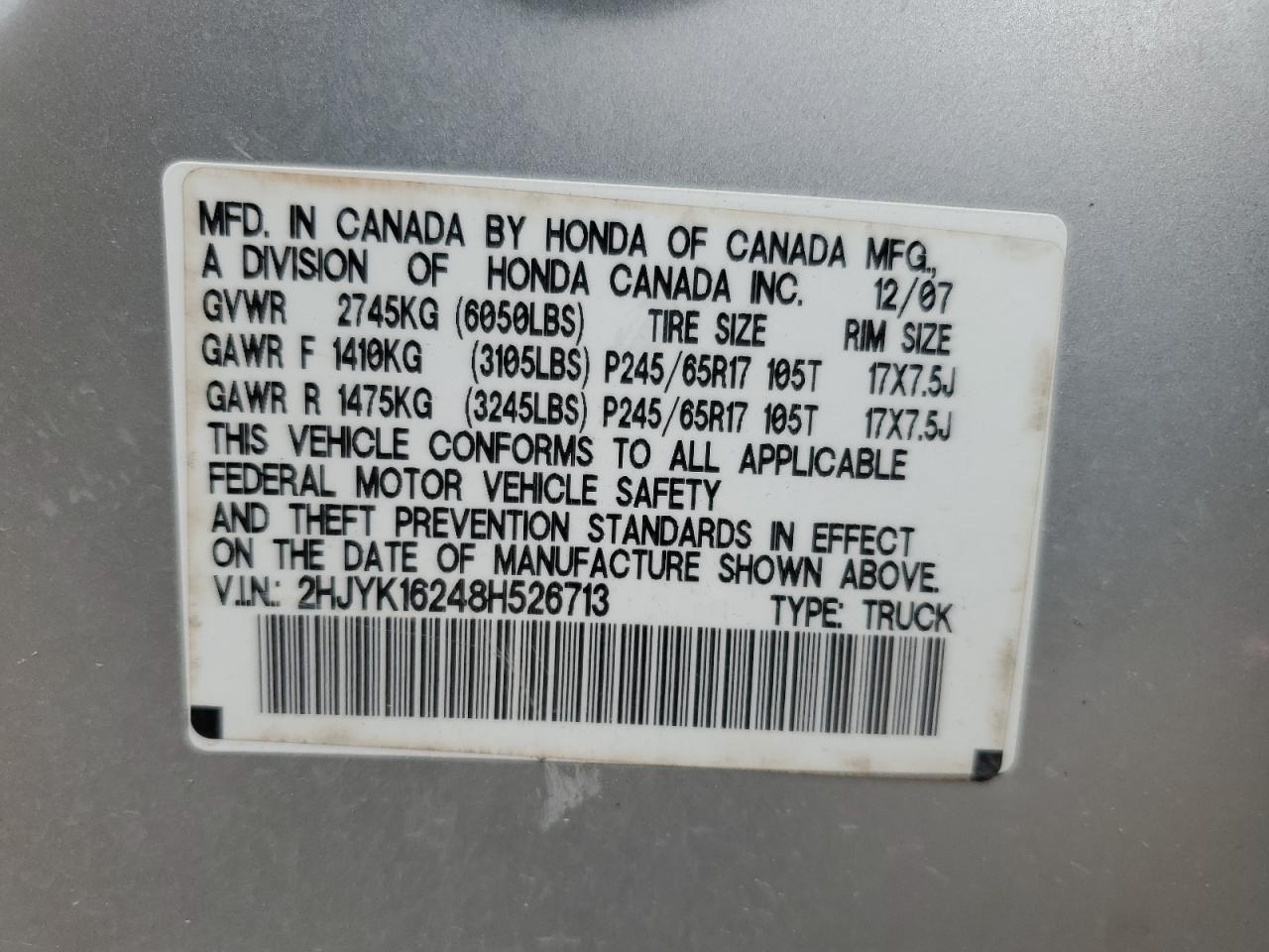 2008 Honda Ridgeline Rt VIN: 2HJYK16248H526713 Lot: 82307755