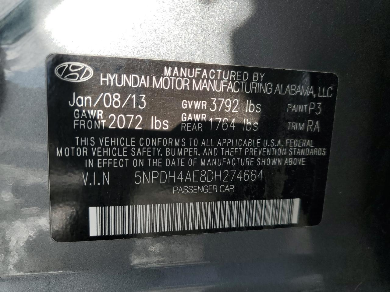 2013 Hyundai Elantra Gls VIN: 5NPDH4AE8DH274664 Lot: 86157675