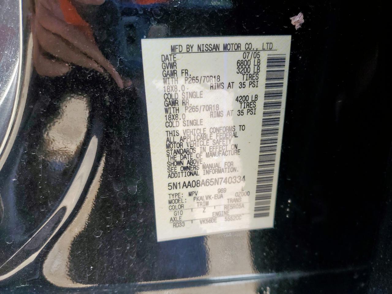 2005 Nissan Armada Se VIN: 5N1AA08A65N740334 Lot: 85370265