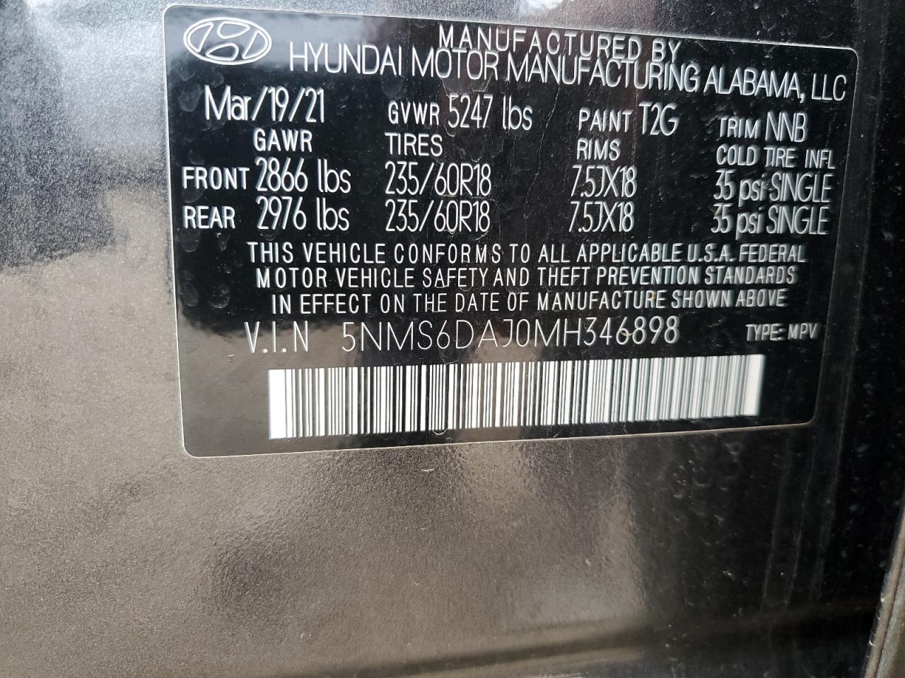 2021 Hyundai Santa Fe Sel VIN: 5NMS6DAJ0MH346898 Lot: 86100285