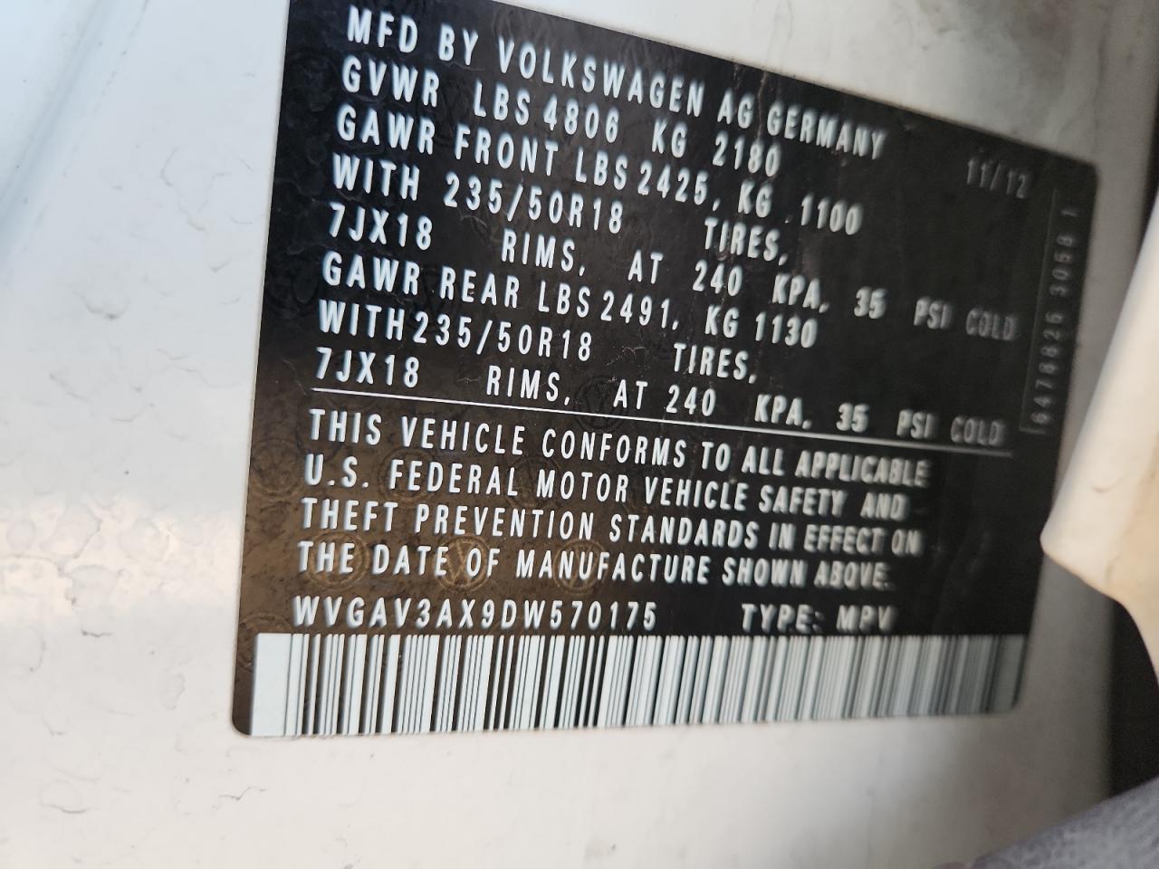 2013 Volkswagen Tiguan S VIN: WVGAV3AX9DW570175 Lot: 86165475