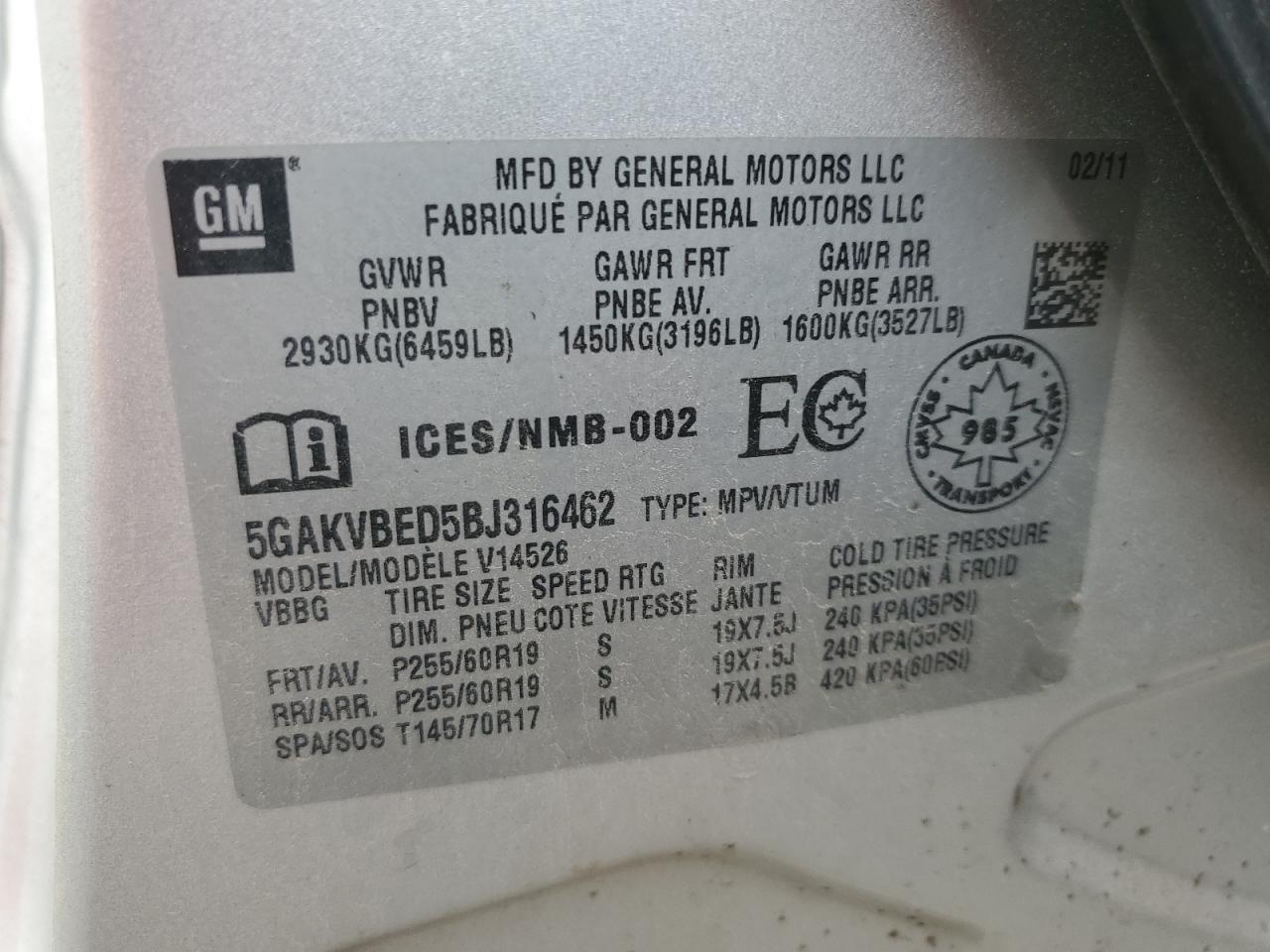 2011 Buick Enclave Cxl VIN: 5GAKVBED5BJ316462 Lot: 89896805