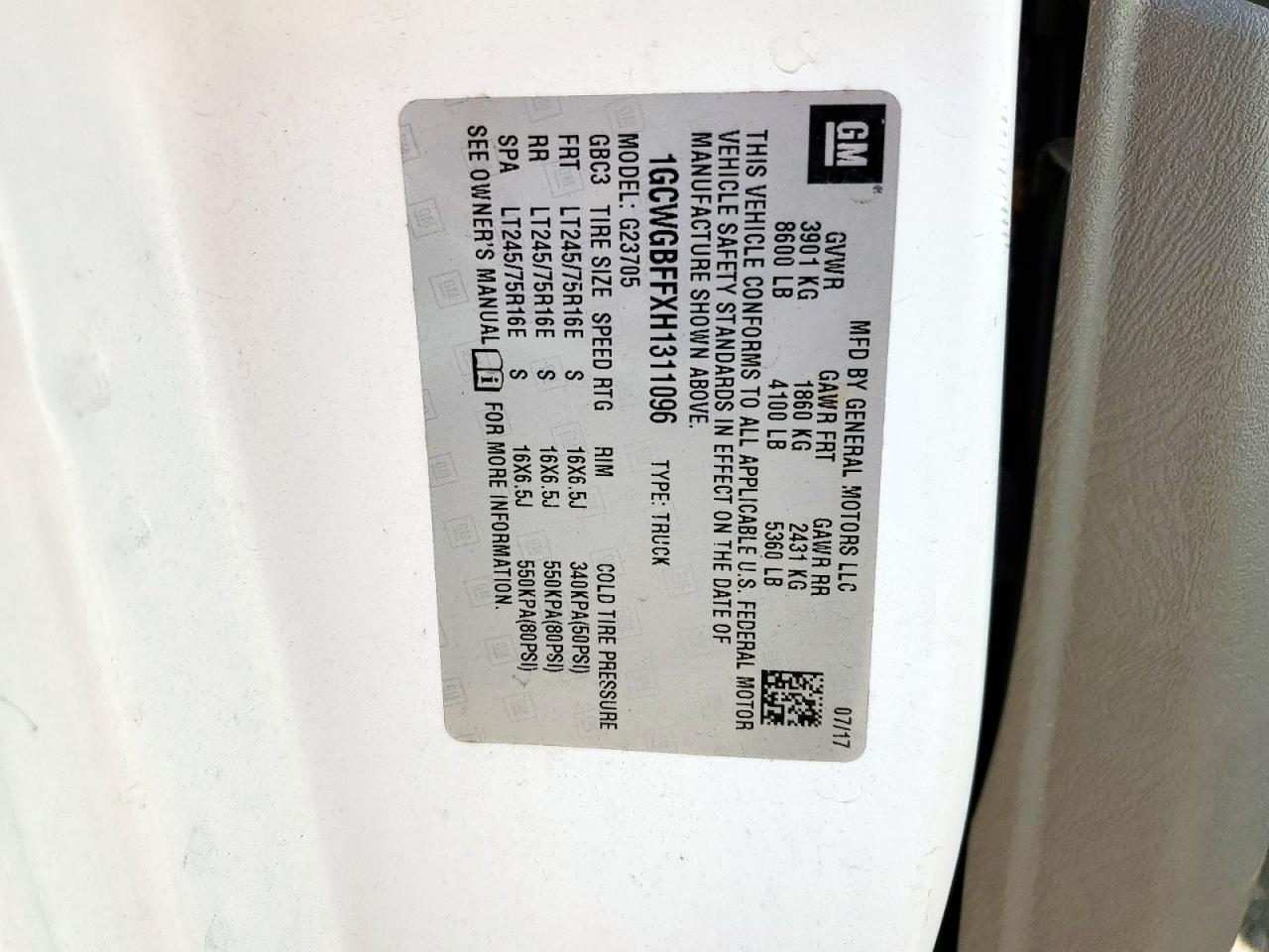 2017 Chevrolet Express G2500 VIN: 1GCWGBFFXH1311096 Lot: 84466205