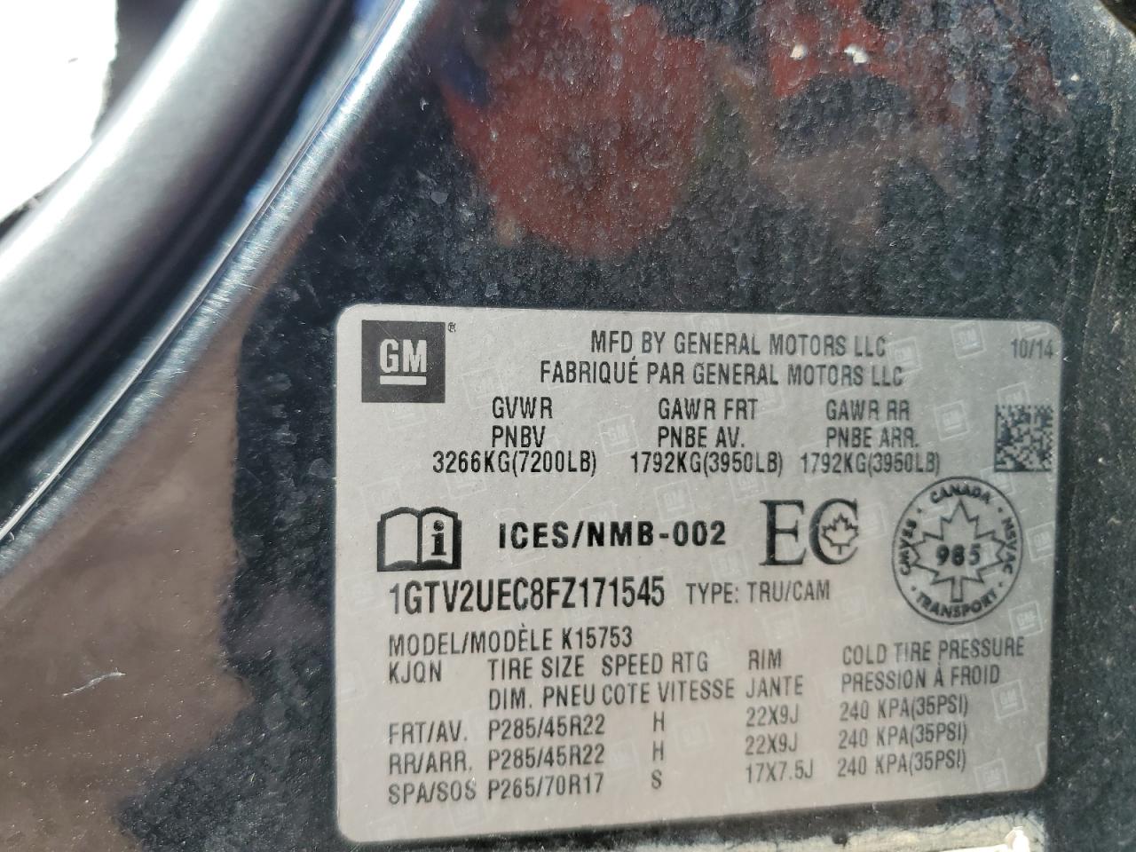 2015 GMC Sierra K1500 Sle VIN: 1GTV2UEC8FZ171545 Lot: 89705295