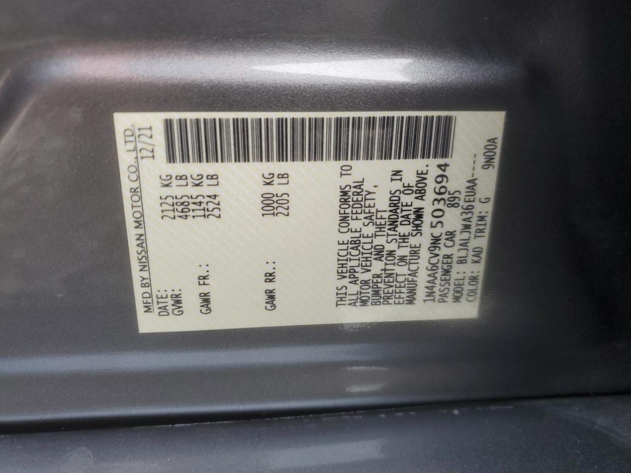 2022 Nissan Maxima Sv VIN: 1N4AA6CV9NC503694 Lot: 90533685