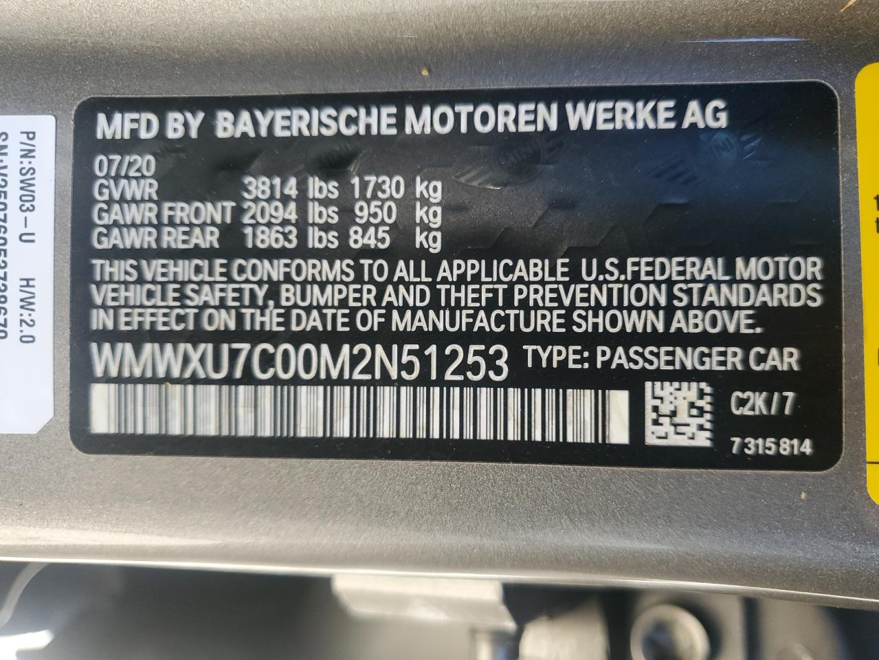 2021 Mini Cooper VIN: WMWXU7C00M2N51253 Lot: 85951115