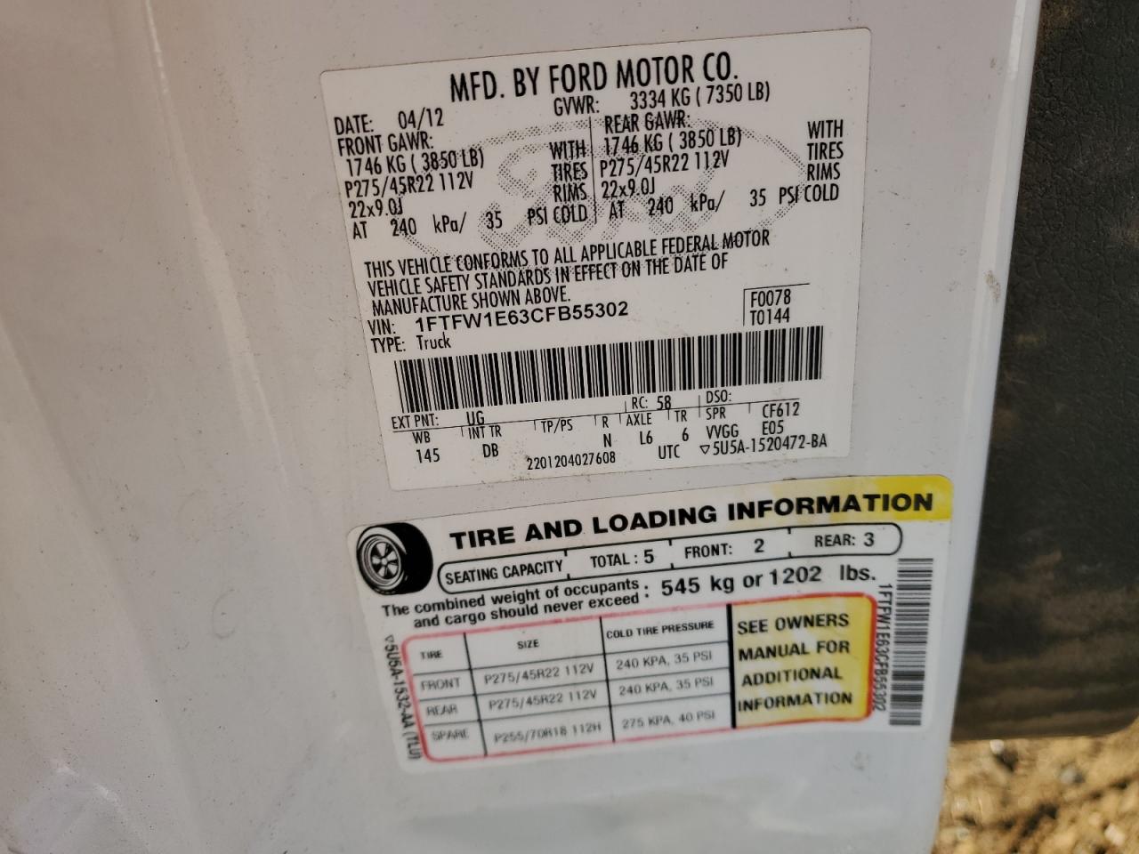 2012 Ford F150 Supercrew VIN: 1FTFW1E63CFB55302 Lot: 85711675