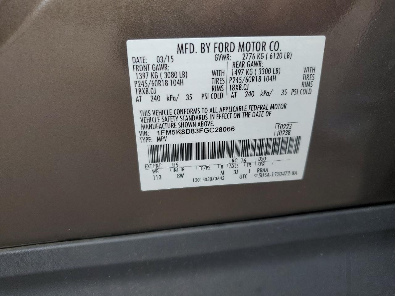 2015 Ford Explorer Xlt VIN: 1FM5K8D83FGC28066 Lot: 82464475