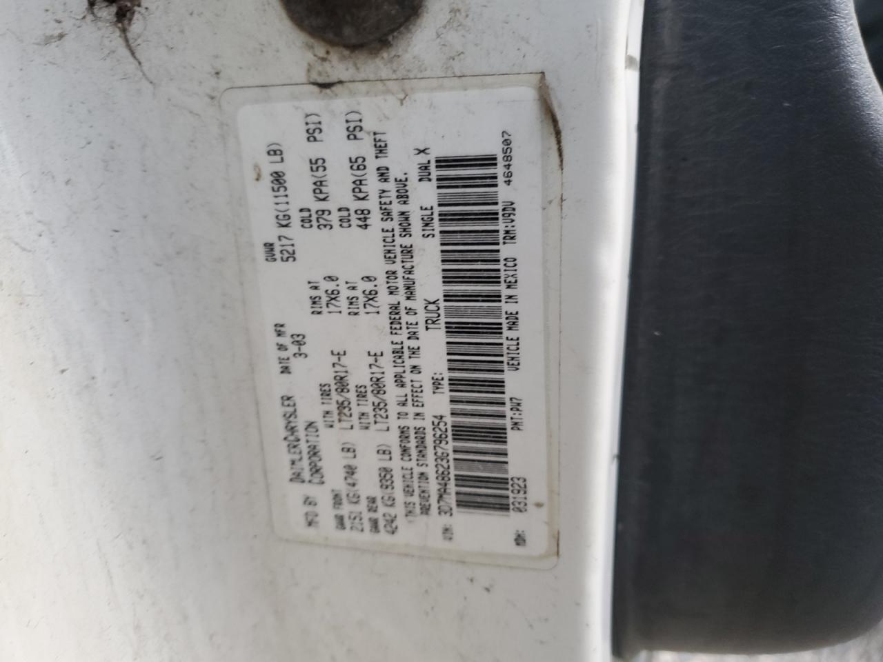 2003 Dodge Ram 3500 St VIN: 3D7MA48623G796254 Lot: 84912085