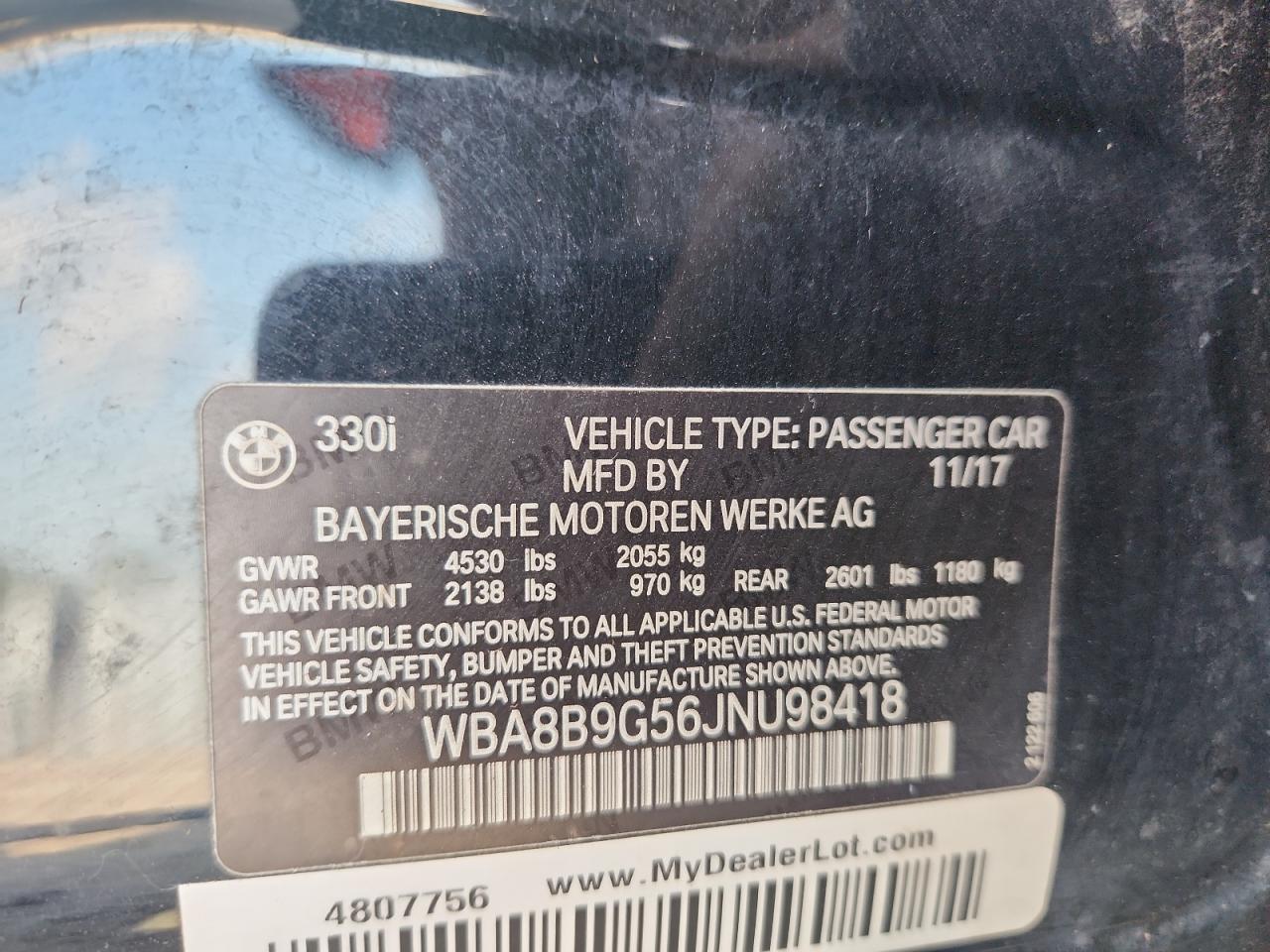 2018 BMW 330 I VIN: WBA8B9G56JNU98418 Lot: 86447895