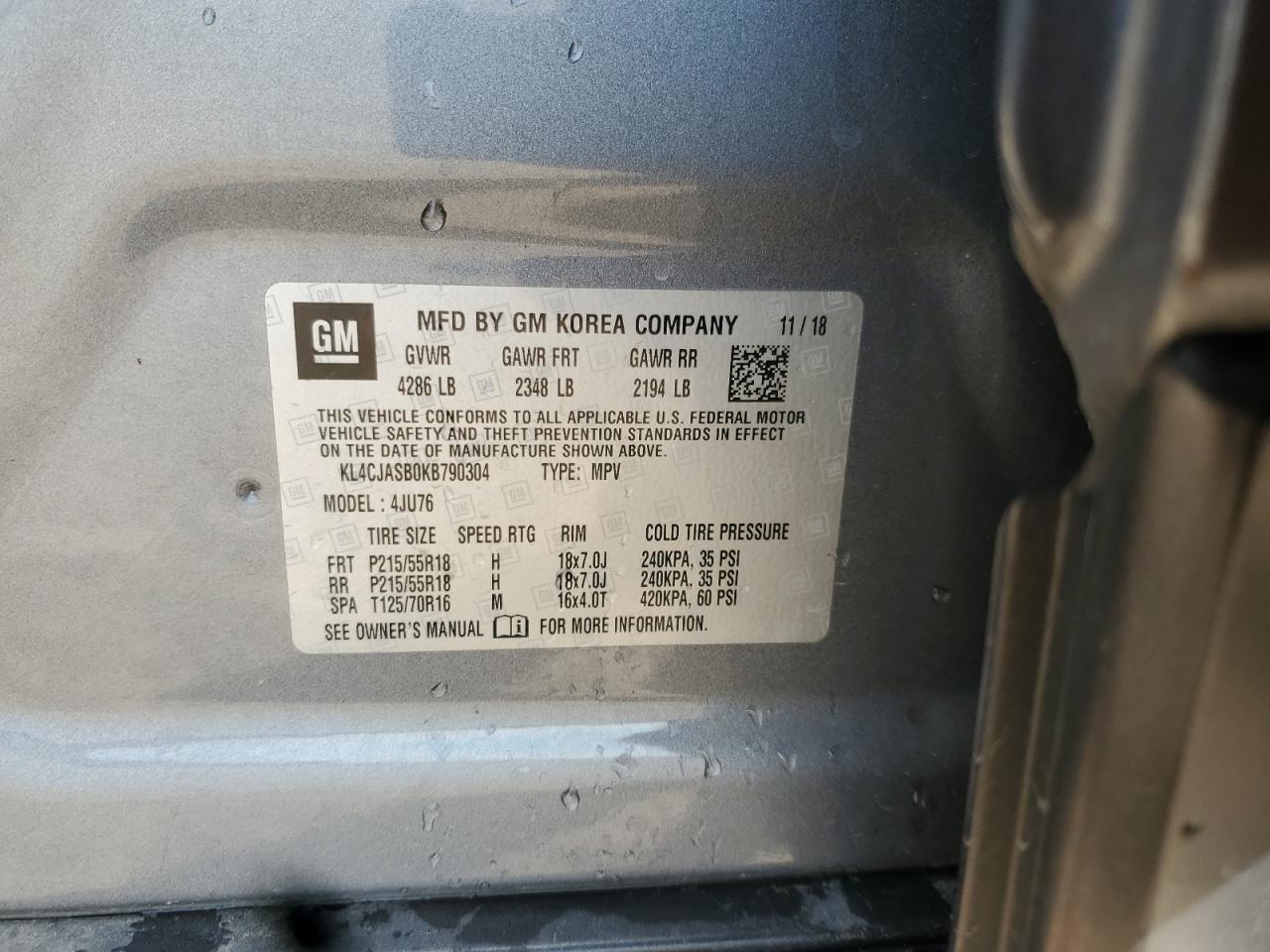 2019 Buick Encore Preferred VIN: KL4CJASB0KB790304 Lot: 91078465