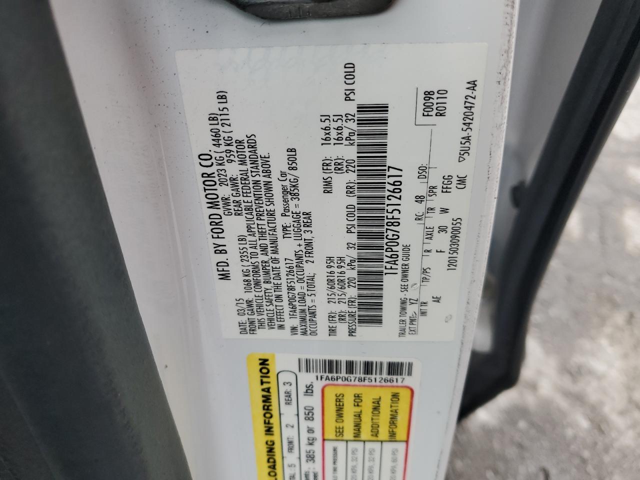 2015 Ford Fusion S VIN: 1FA6P0G78F5126617 Lot: 85741775