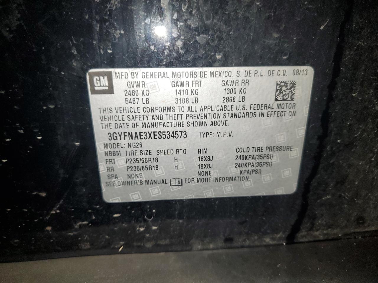 2014 Cadillac Srx VIN: 3GYFNAE3XES534573 Lot: 89885325