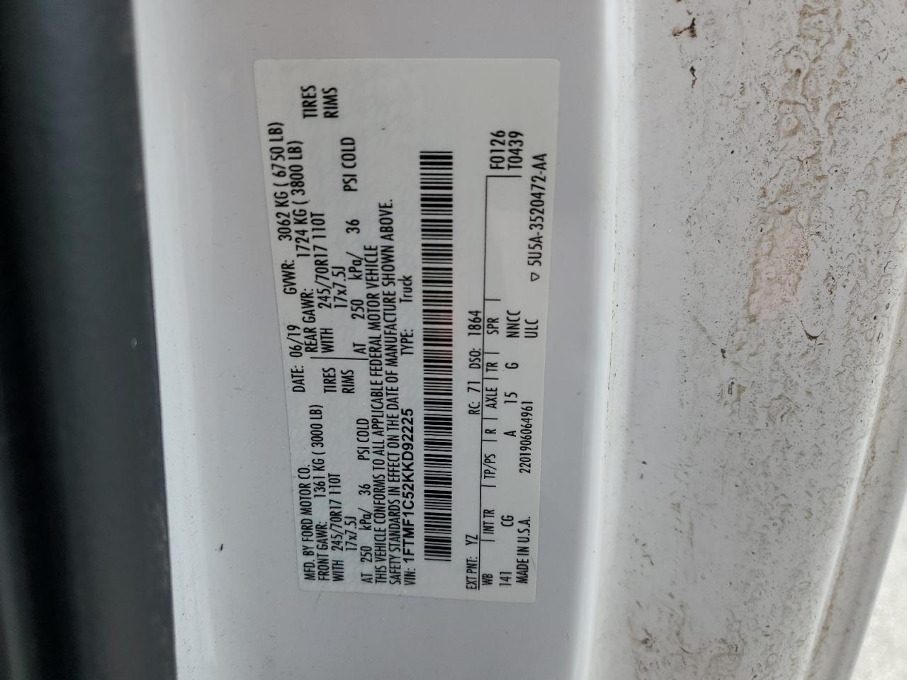 2019 Ford F150 VIN: 1FTMF1C52KKD92225 Lot: 85180465