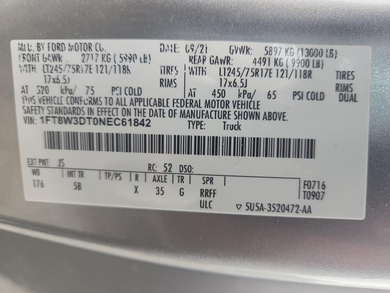 2022 Ford F350 Super Duty VIN: 1FT8W3DT0NEC61842 Lot: 84788915