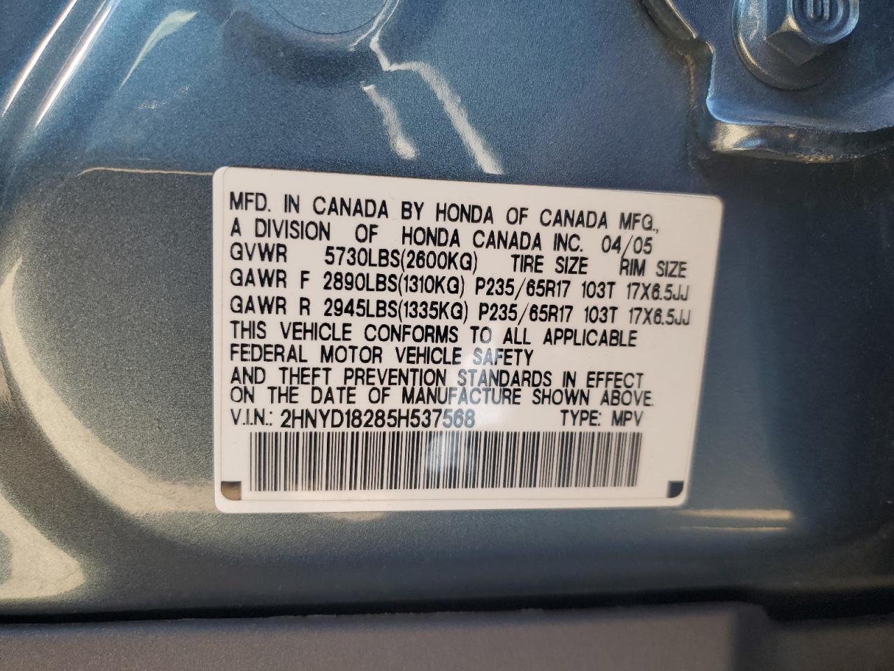 2005 Acura Mdx VIN: 2HNYD18285H537568 Lot: 84575315