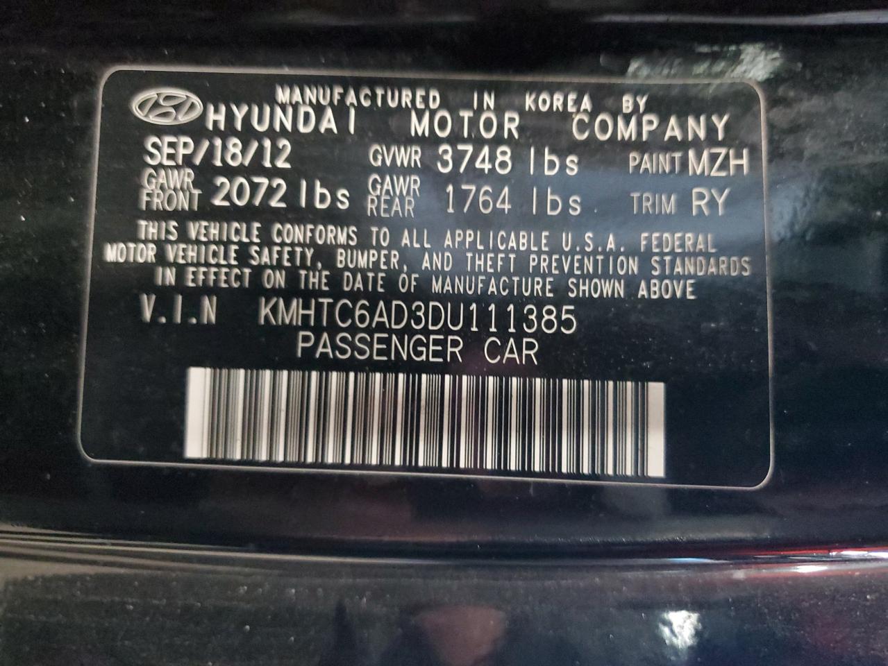 2013 Hyundai Veloster VIN: KMHTC6AD3DU111385 Lot: 86124085