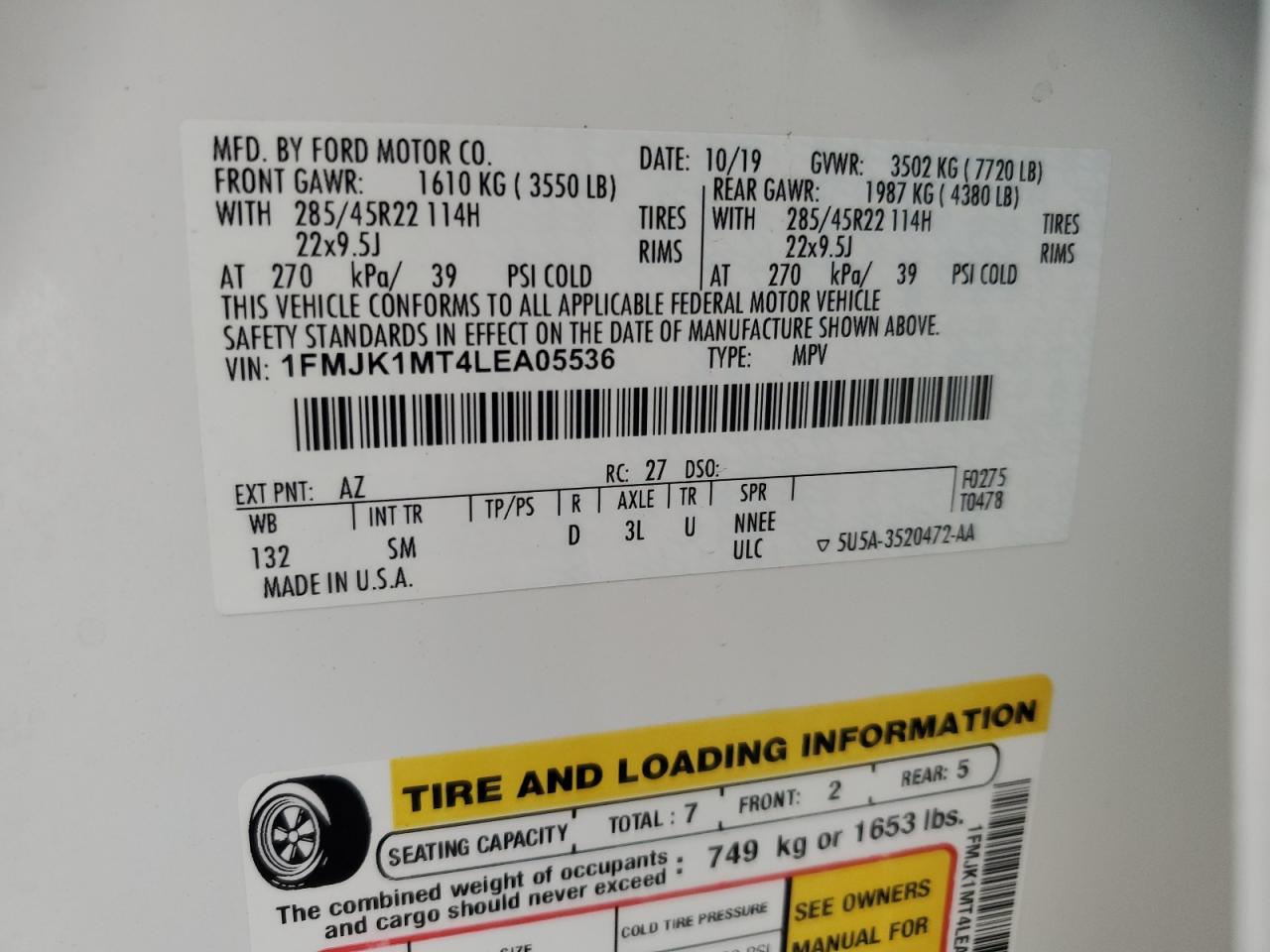 2020 Ford Expedition Max Platinum VIN: 1FMJK1MT4LEA05536 Lot: 85120925