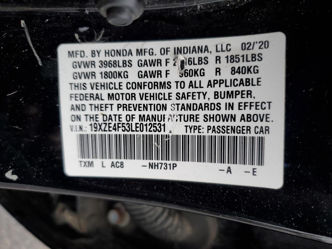 2020 Honda Insight Ex VIN: 19XZE4F53LE012531 Lot: 90610725