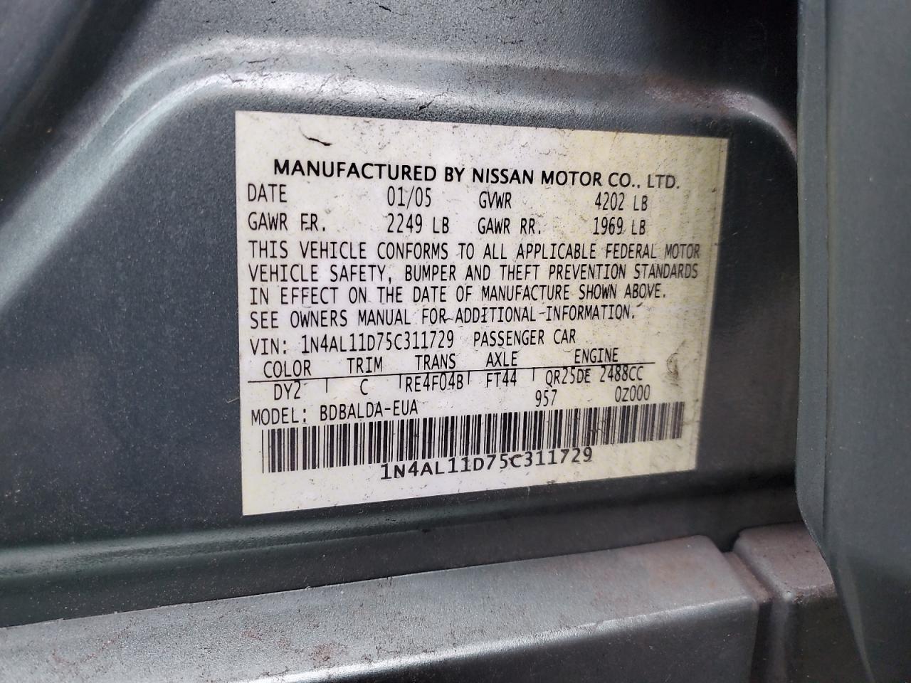 2005 Nissan Altima S VIN: 1N4AL11D75C311729 Lot: 85426675