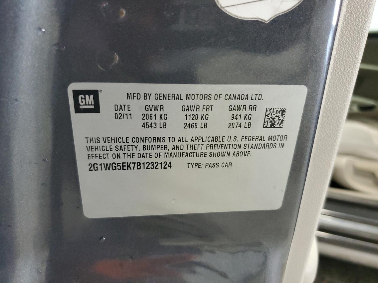 2011 Chevrolet Impala Lt VIN: 2G1WG5EK7B1232124 Lot: 87046105