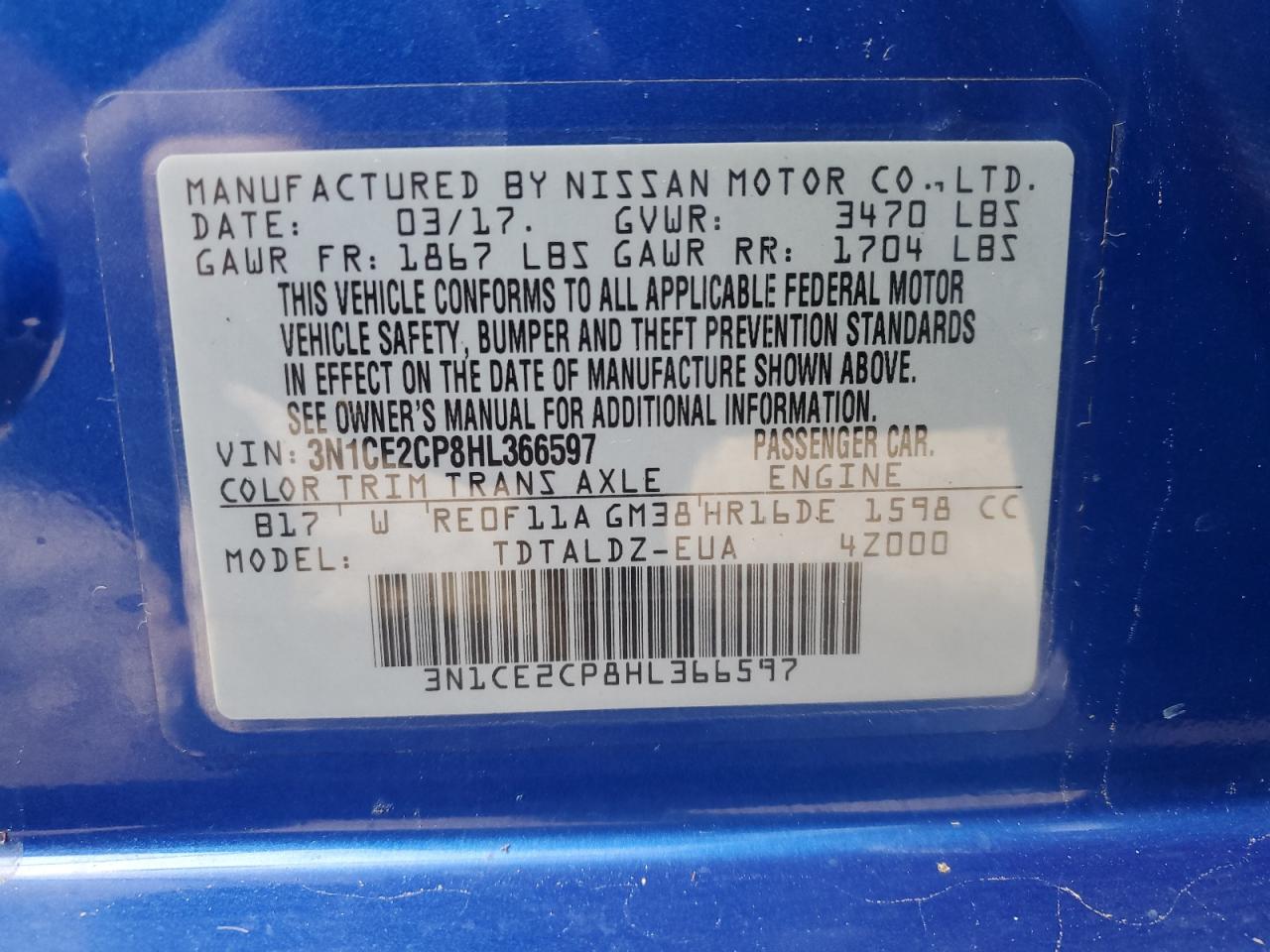 2017 Nissan Versa Note S VIN: 3N1CE2CP8HL366597 Lot: 86667785