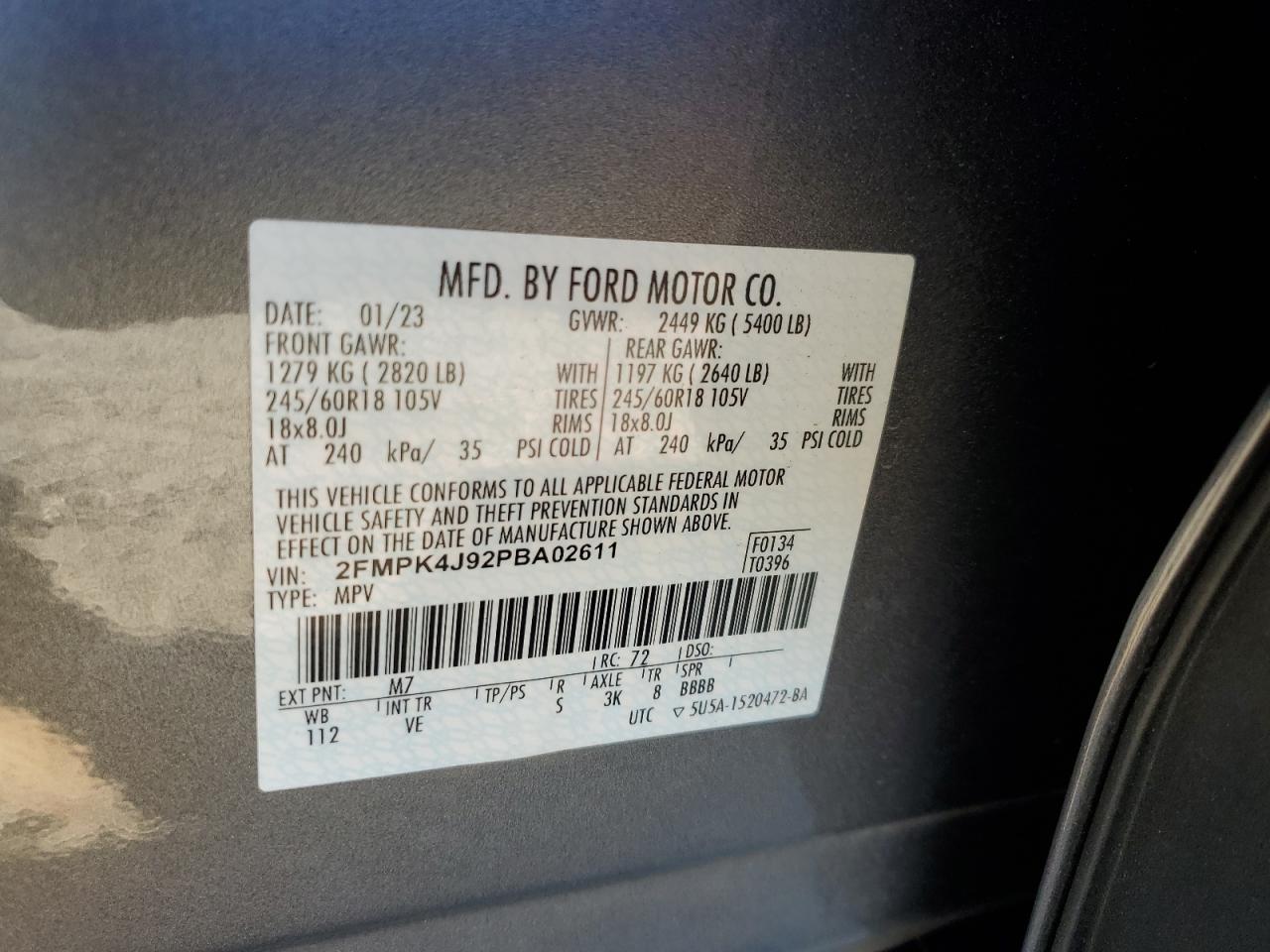 2023 Ford Edge Sel VIN: 2FMPK4J92PBA02611 Lot: 82638225