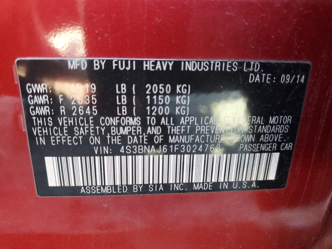 2015 Subaru Legacy 2.5I Limited VIN: 4S3BNAJ61F3024768 Lot: 86508195