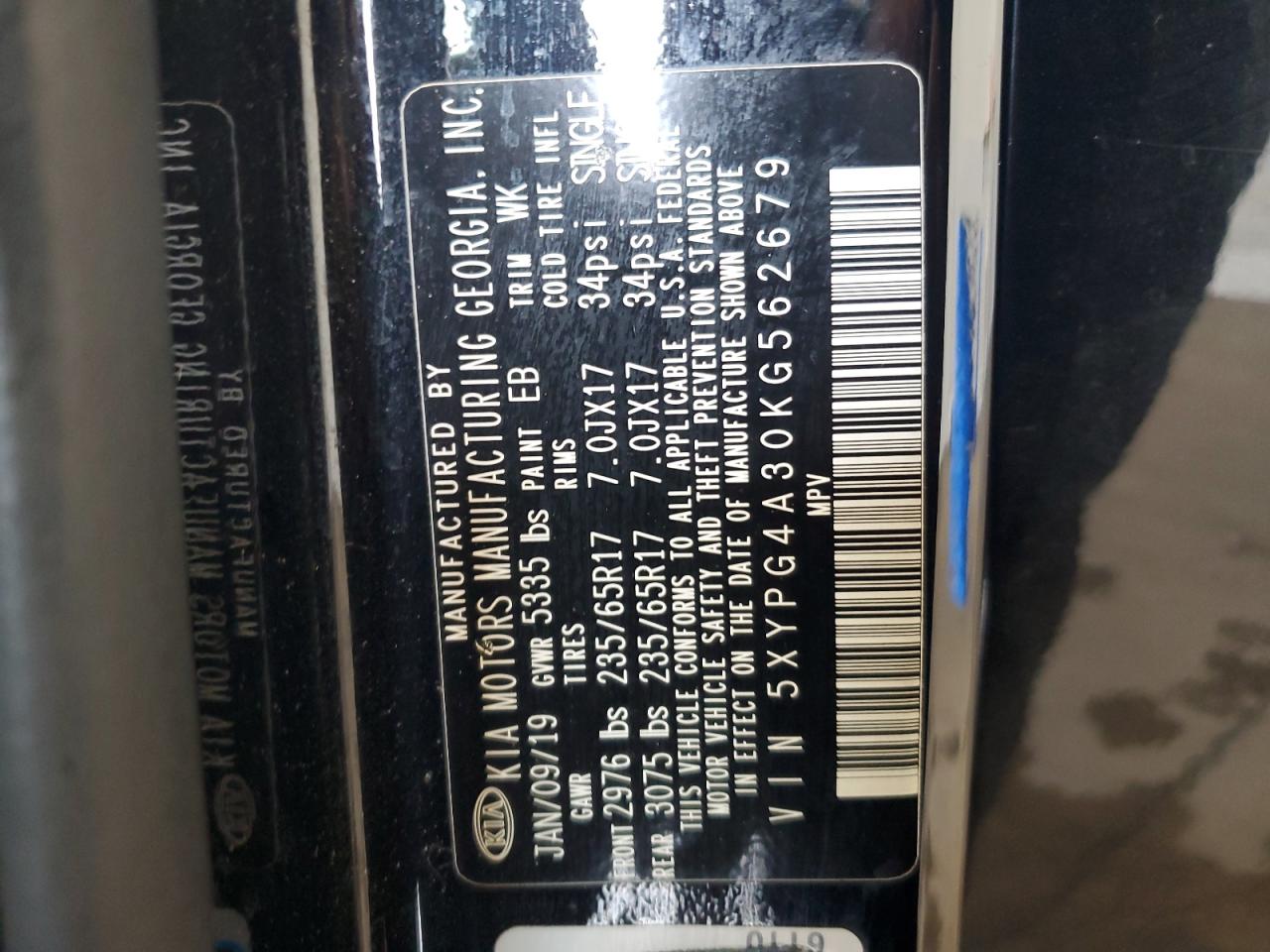 2019 Kia Sorento L VIN: 5XYPG4A30KG562679 Lot: 85960885