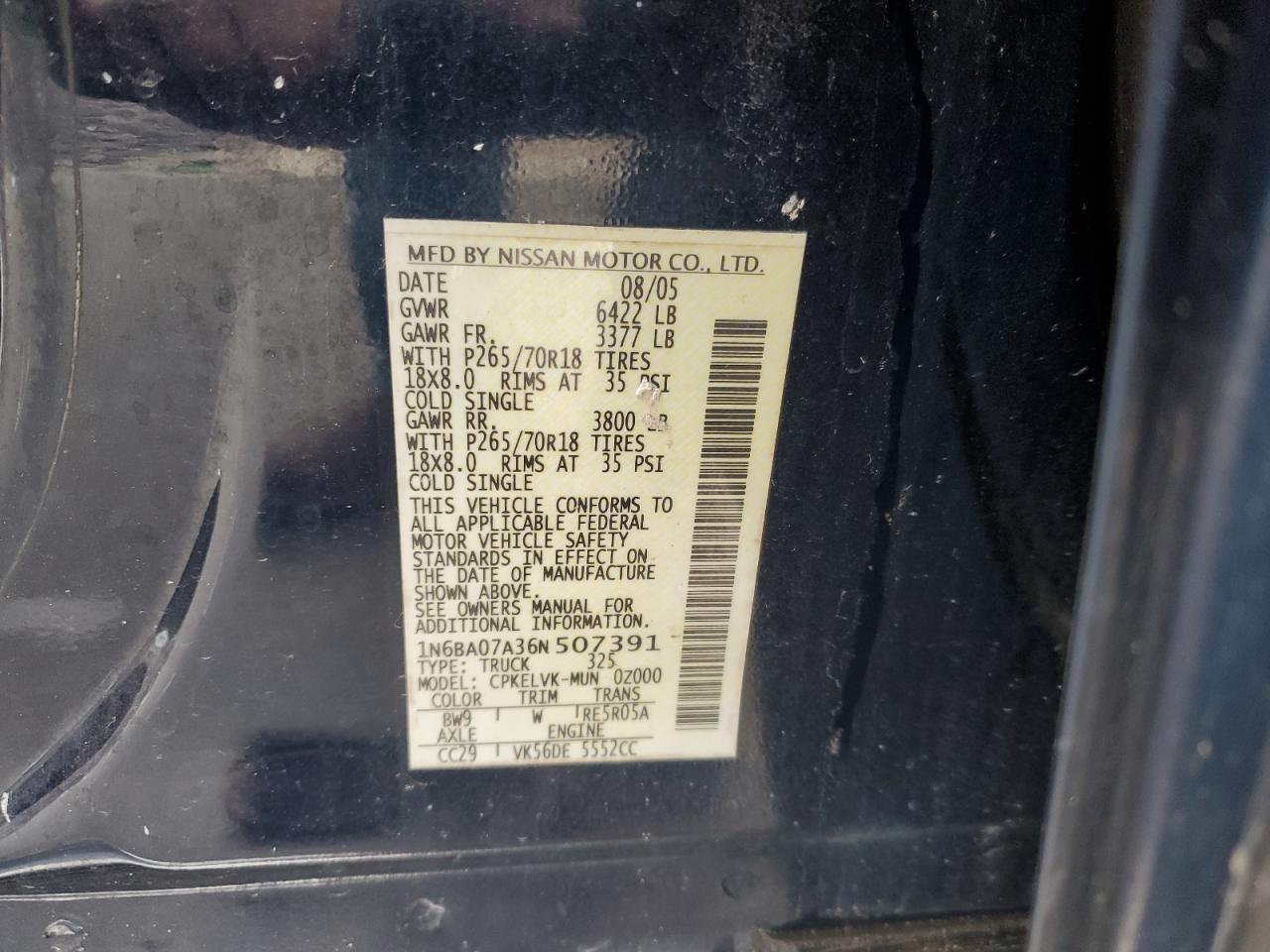 2006 Nissan Titan Xe VIN: 1N6BA07A36N507391 Lot: 87312455