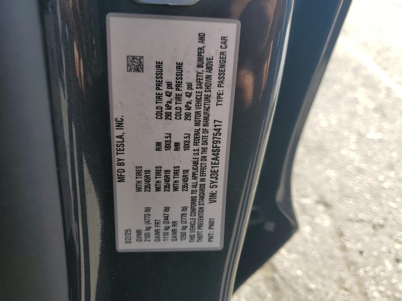 2025 Tesla Model 3 VIN: 5YJ3E1EA4SF975417 Lot: 85566455