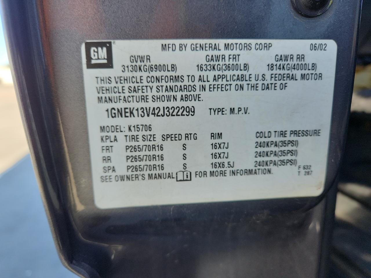 2002 Chevrolet Tahoe K1500 VIN: 1GNEK13V42J322299 Lot: 87406305