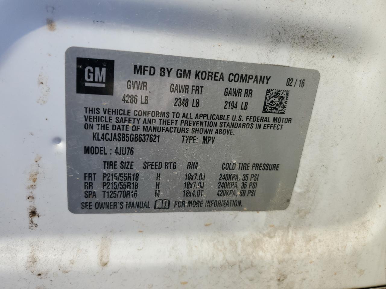 2016 Buick Encore VIN: KL4CJASB5GB637621 Lot: 85518625