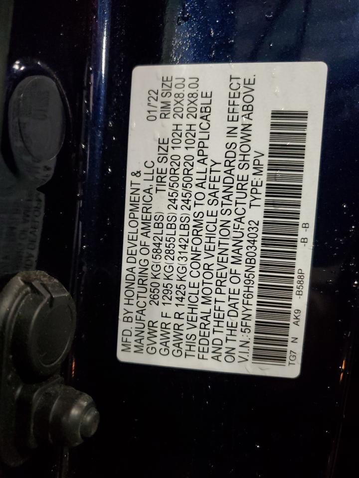 2022 Honda Pilot Touring VIN: 5FNYF6H95NB034032 Lot: 85515885