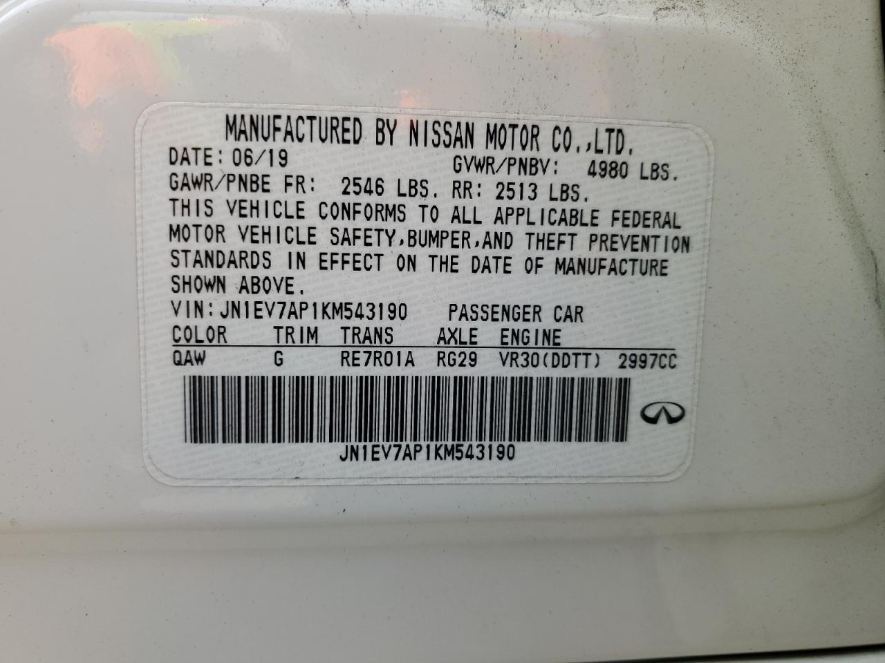 2019 Infiniti Q50 Luxe VIN: JN1EV7AP1KM543190 Lot: 84243225