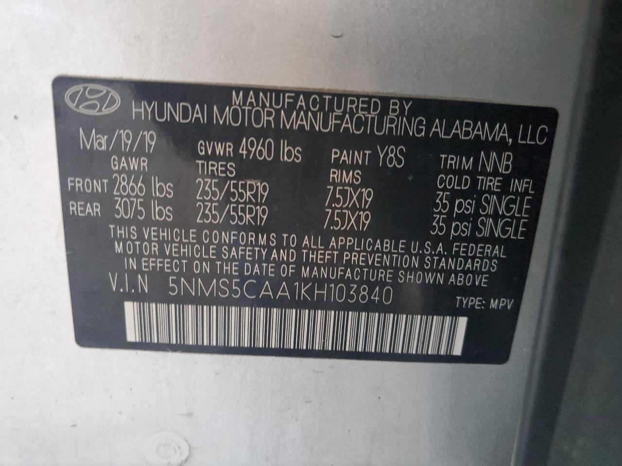 2019 Hyundai Santa Fe Limited VIN: 5NMS5CAA1KH103840 Lot: 85195295