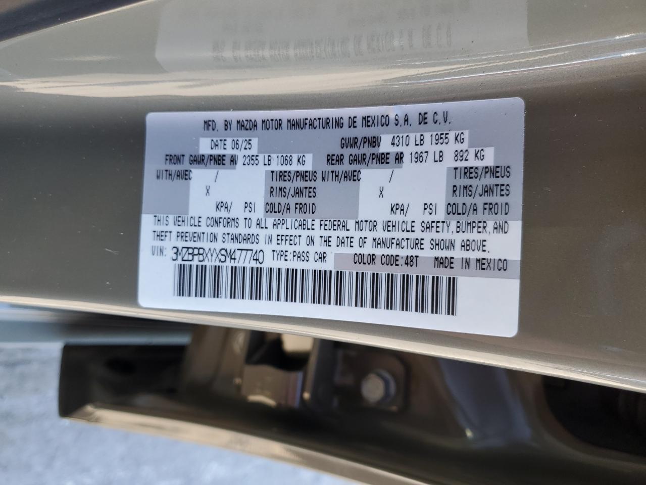 2025 Mazda 3 Carbon Turbo VIN: 3MZBPBXYXSM477740 Lot: 89851395