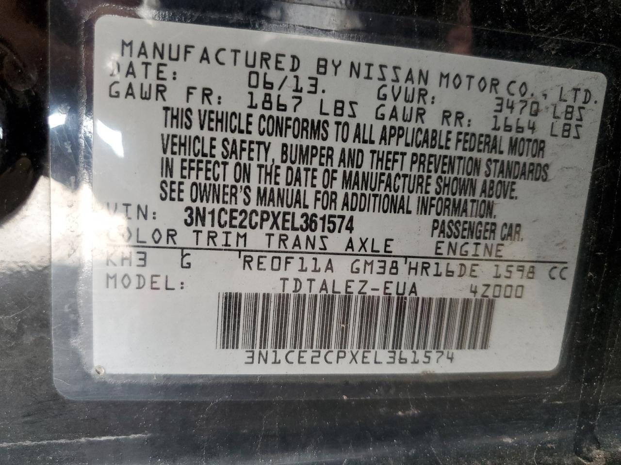 2014 Nissan Versa Note S VIN: 3N1CE2CPXEL361574 Lot: 85709165