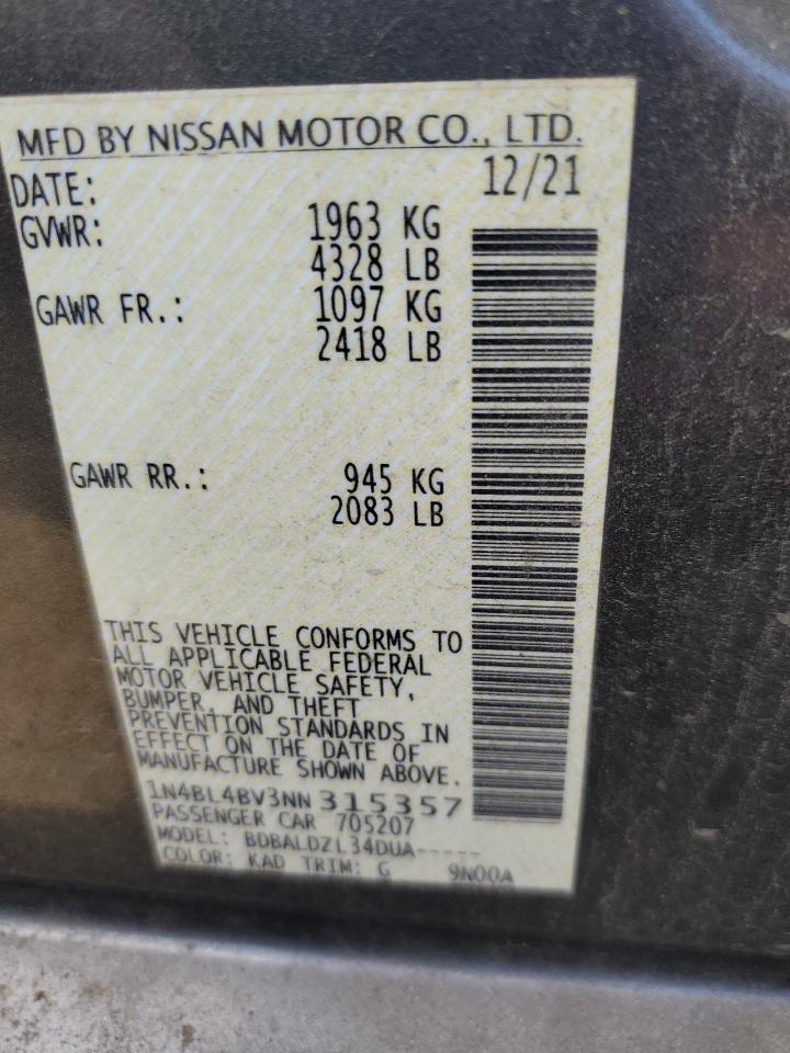 2022 Nissan Altima S VIN: 1N4BL4BV3NN315357 Lot: 81892035